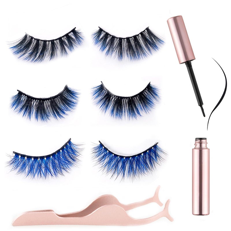 miaowang 6D Magnetic Blue Eyelashes and Magnetic Eyeliner Kit 3 Style with Tweezers Blue
